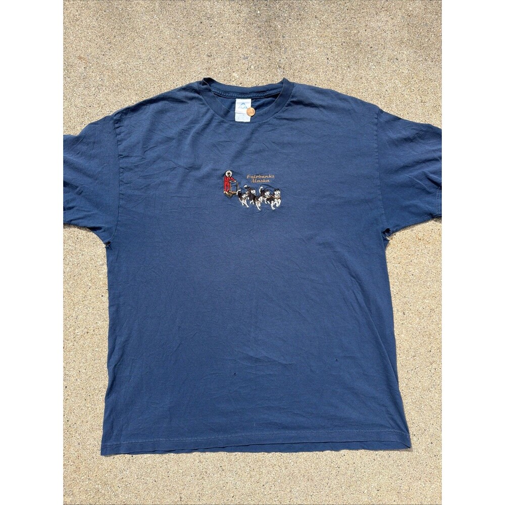 Vintage Alstyle Fairbanks Alaska Embroidered Husky Sled Pull Blue XL Shirt